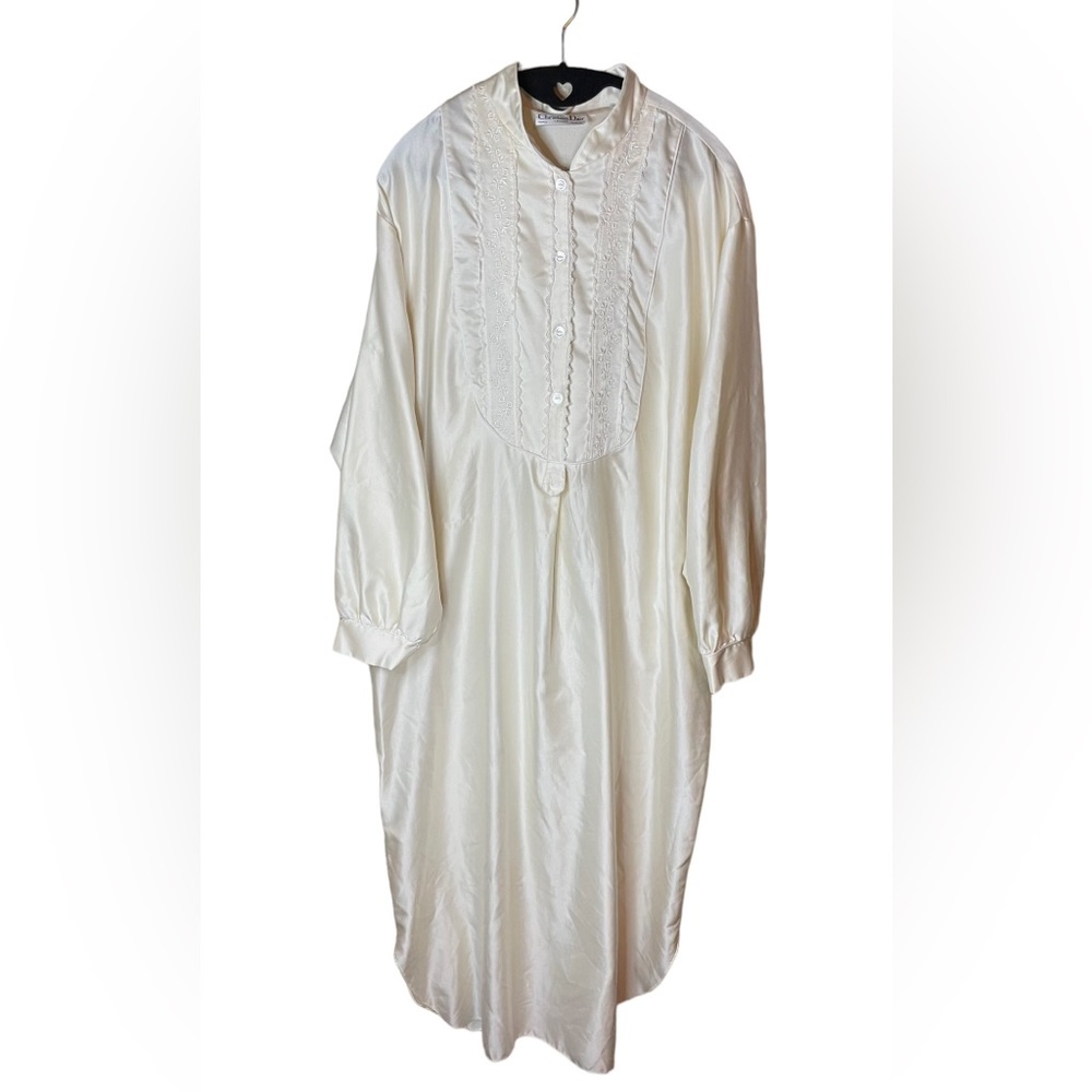 Christian Dior Vintage Long Ivory Nightgown Long Sleeve Lace Detail Size Medium